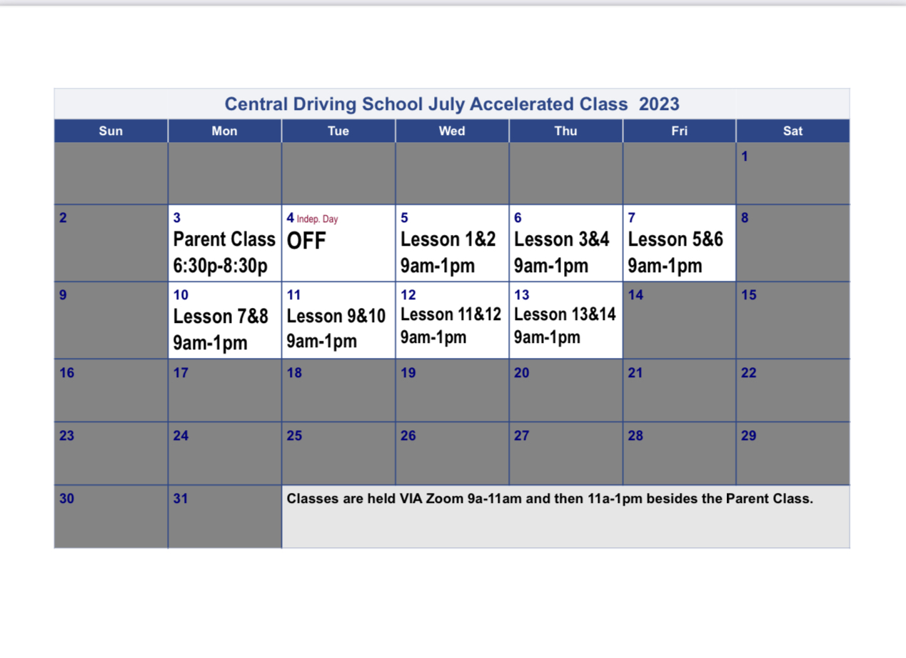 Class Schedule Central Driving School Berlin CT